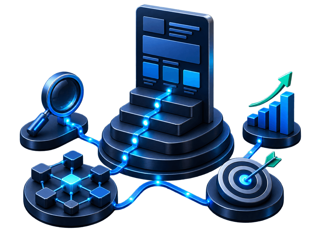 Search visibility system connecting website quality, content, analytics, and growth