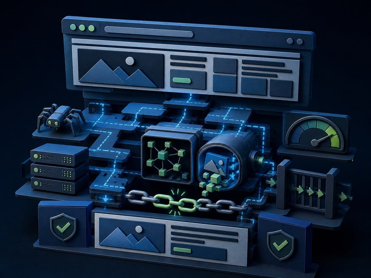 Website architecture with crawler paths, performance diagnostics, and repaired links