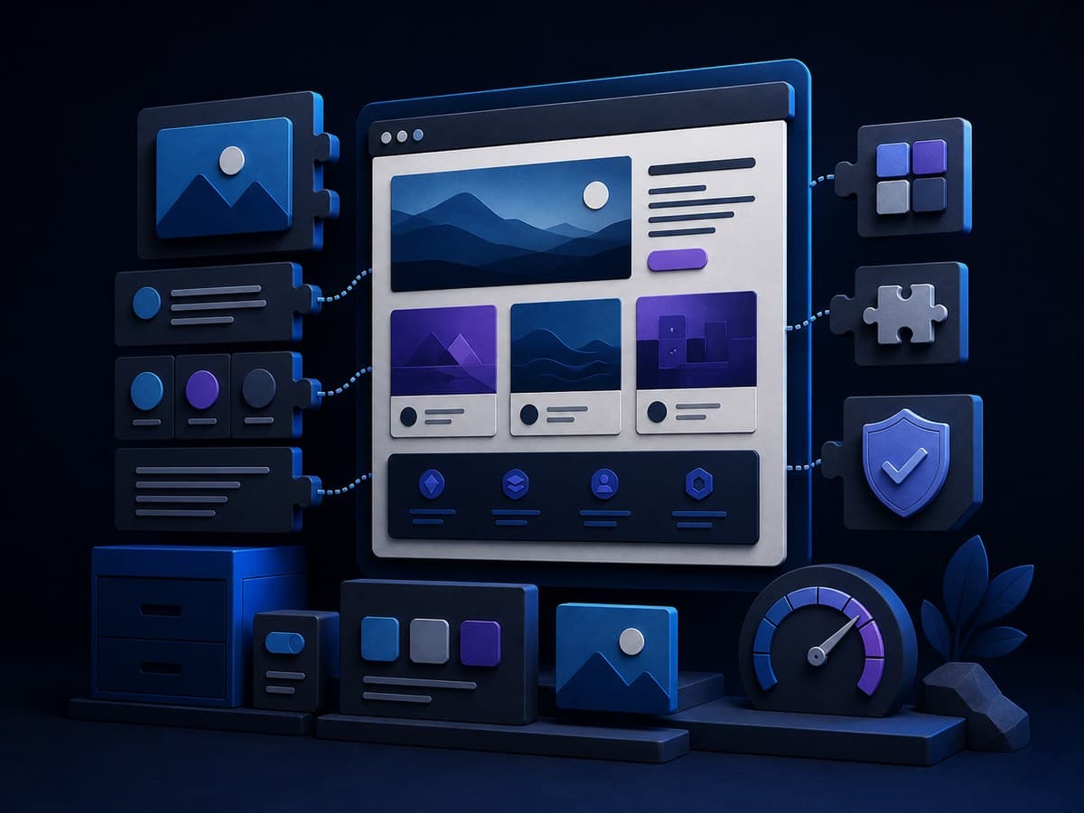 Responsive website assembled from modular content, extension, security, and performance components