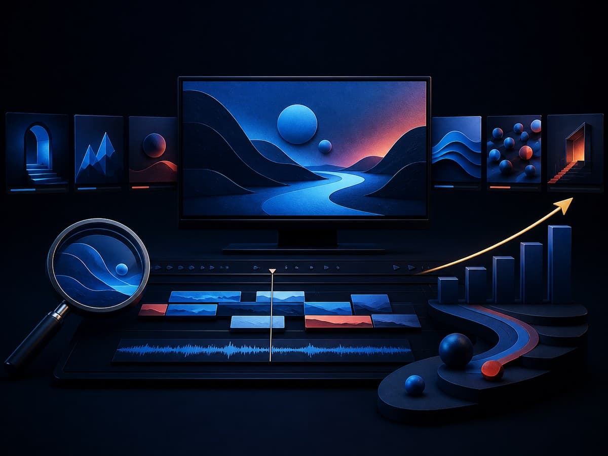 Video production and discovery studio with storyboards, editing, search paths, and analytics